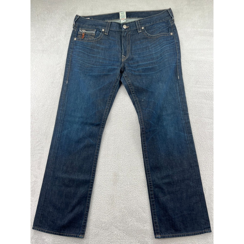 True Religion Jeans Mens Sz 40x33 Dark Wash Bobby Made USA Zippered Pockets